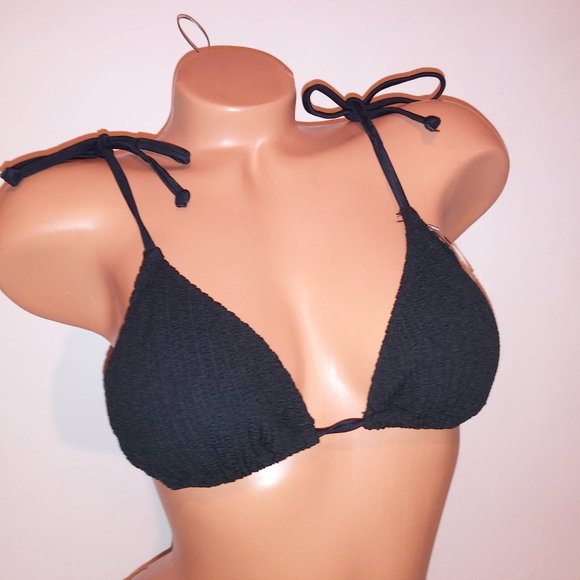 Victoria Secret PINK Swim Bikini Large Top & Bottom Black Ribbed Triangle String - Picture 4 of 11